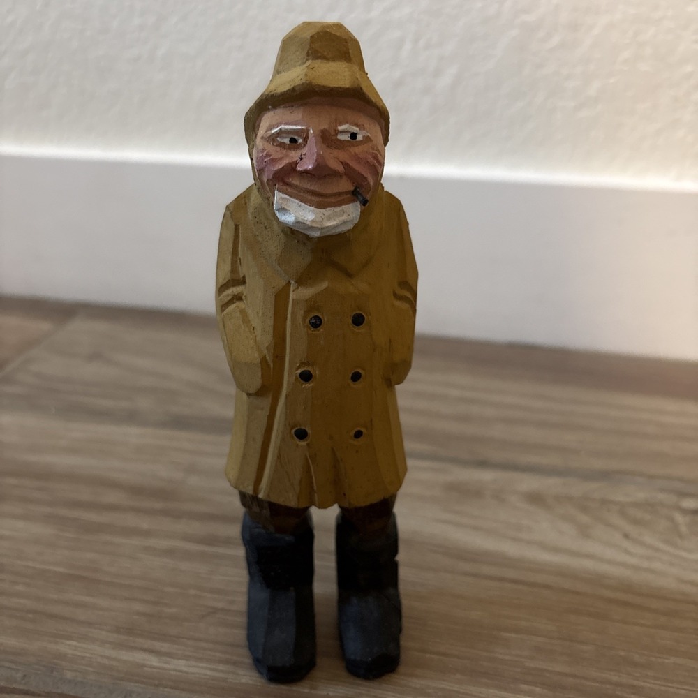 Vintage Hand Carved Painted Wood Fisherman Yellow Coat 7.5" Nautical Figurine
